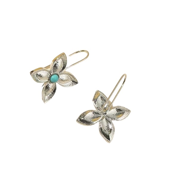 Silver and Turquoise Flower Drop Earrings - Picture 4 of 4